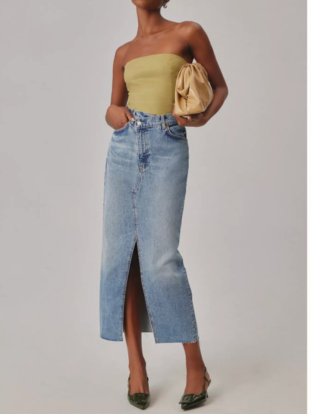 Reformation Denim Maxi Skirt Raw Hem Front Slit Size 23